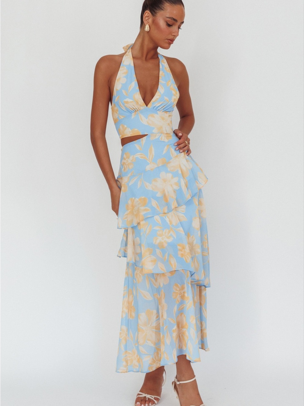 Blue & Yellow Floral Halter Tiered Maxi Dress - US 10